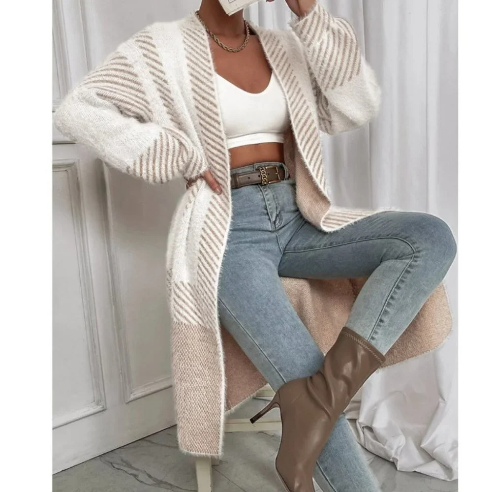 Soft Comfy oversized Tan Striped Pattern Fuzzy Duster Knit Sweater Cardigan - Picture 1 of 6
